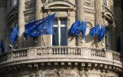 building, european union flags, balcony, architecture, paris, france, city, cities, outside, brown balcony